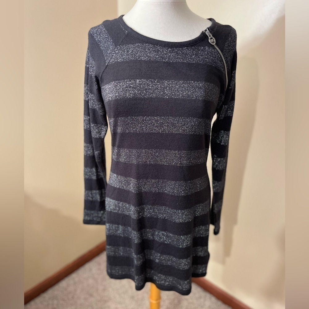 Michael Kors Black/Silver Glitter Striped Dress Sz M EUC